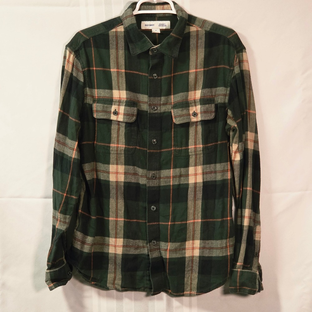 Old Navy Flannel Shirt Mens M Green Plaid Built-In Flex Regular Fit 614255-06